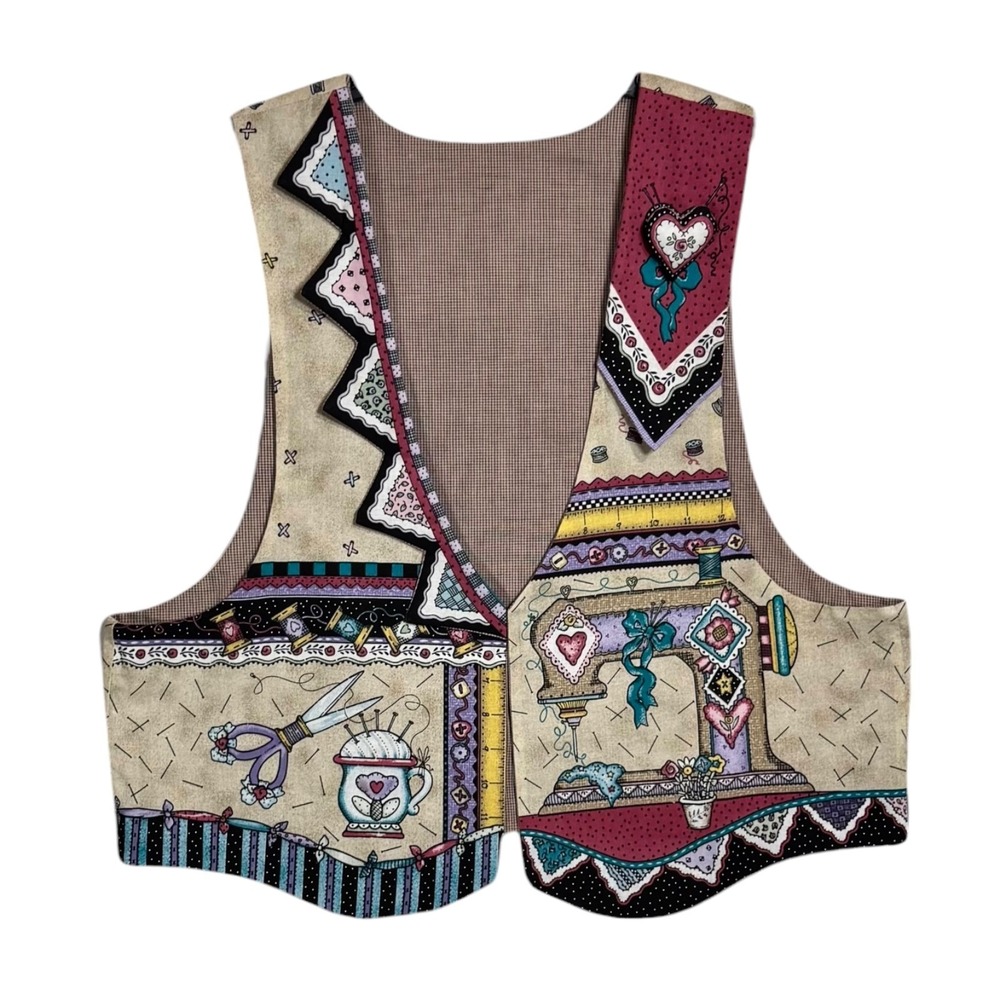 Vintage Graphic‎ Sewing Novelty Vest Patchwork Cottagecore Seamstress Quilter XL